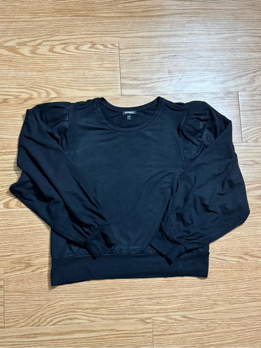 Express Black Crewneck Shimmer Speckled Puff-Sleeve Sweater